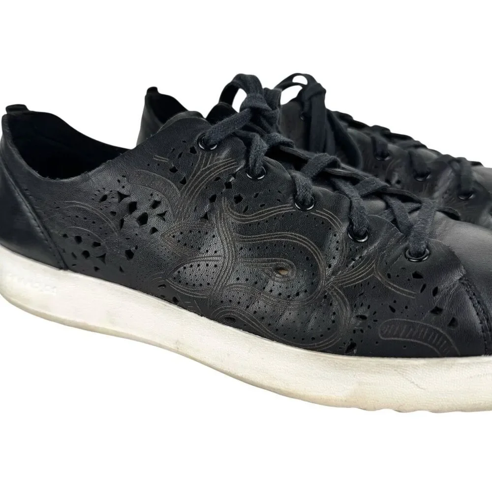 Cole Haan Women Leather Laser Cut Grand Pro Tennis Shoes 9B Black Preppy Comfort